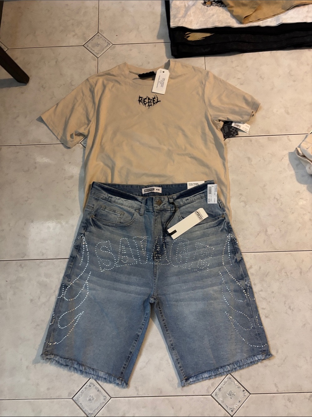 Rehype Beige Logo Tee with Blue Rhinestone Embellished Denim Shorts